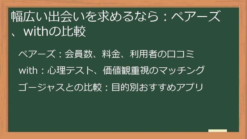 幅広い出会いを求めるなら：ペアーズ、withの比較