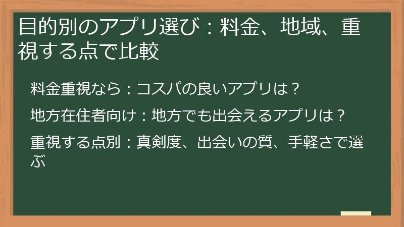 目的別のアプリ選び：料金、地域、重視する点で比較