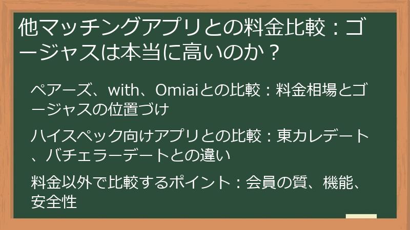 他マッチングアプリとの料金比較：ゴージャスは本当に高いのか？