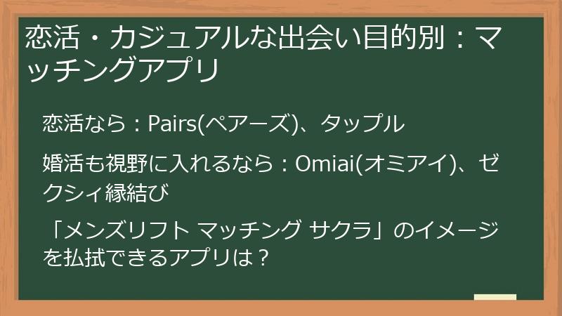 恋活・カジュアルな出会い目的別：マッチングアプリ