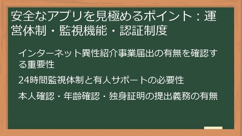 安全なアプリを見極めるポイント：運営体制・監視機能・認証制度