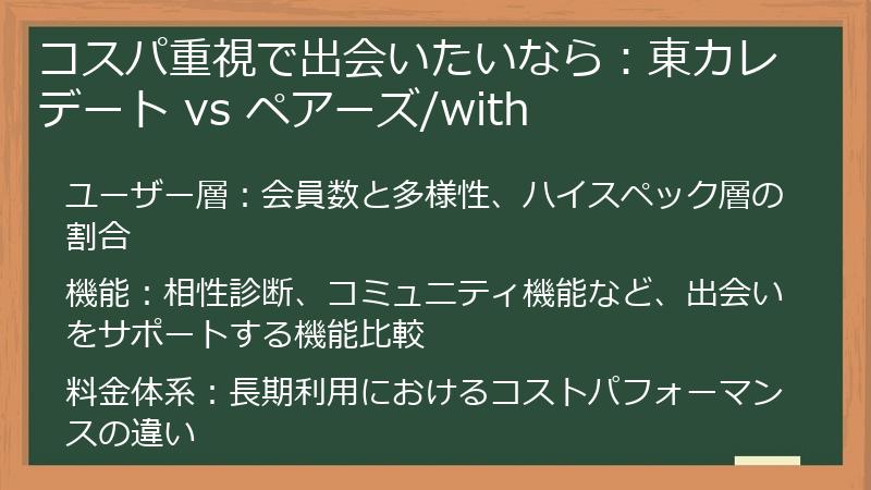 コスパ重視で出会いたいなら：東カレデート vs ペアーズ/with