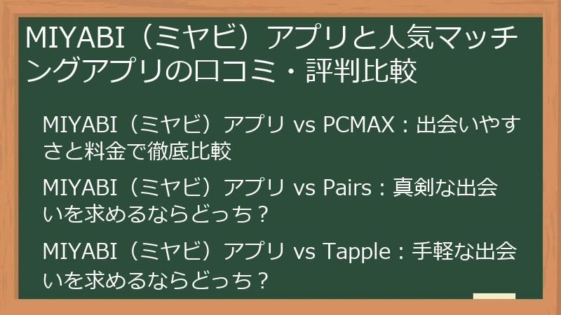 MIYABI（ミヤビ）アプリと人気マッチングアプリの口コミ・評判比較