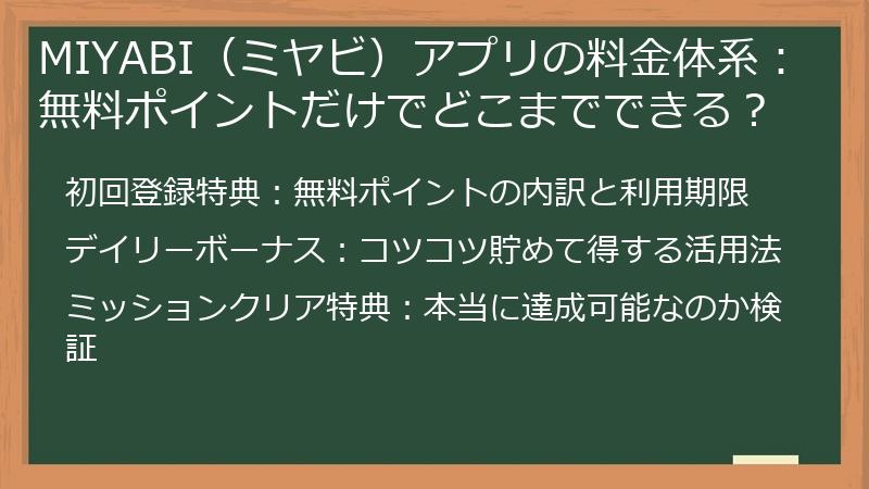 MIYABI（ミヤビ）アプリの料金体系：無料ポイントだけでどこまでできる？