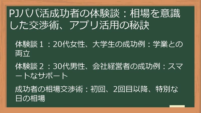 PJパパ活成功者の体験談：相場を意識した交渉術、アプリ活用の秘訣