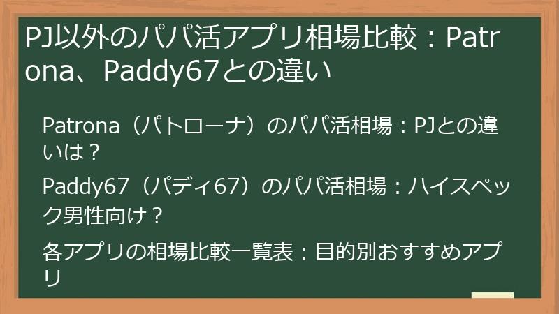 PJ以外のパパ活アプリ相場比較：Patrona、Paddy67との違い