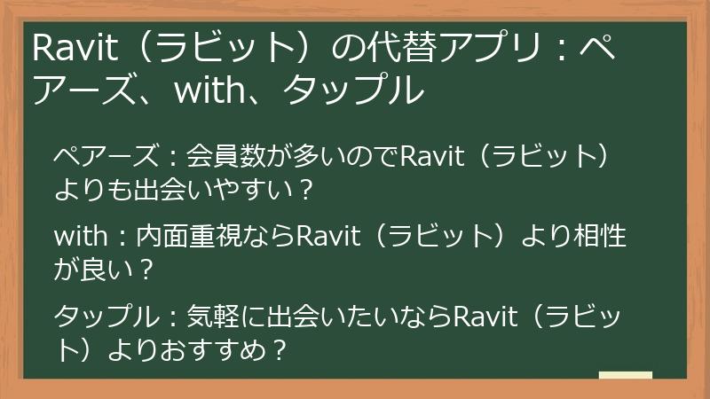 Ravit（ラビット）の代替アプリ：ペアーズ、with、タップル