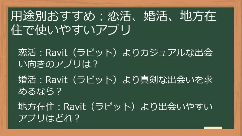 用途別おすすめ：恋活、婚活、地方在住で使いやすいアプリ