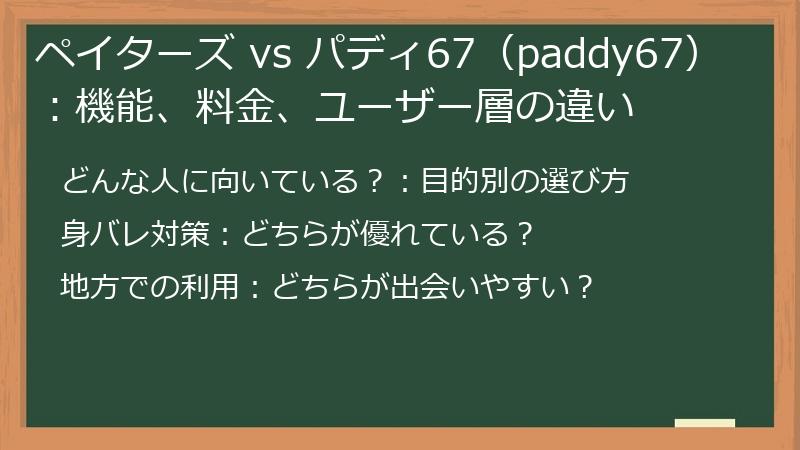 ペイターズ vs パディ67（paddy67）：機能、料金、ユーザー層の違い