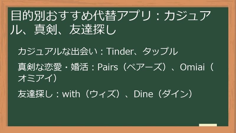 目的別おすすめ代替アプリ：カジュアル、真剣、友達探し
