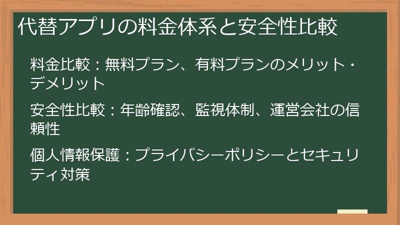 代替アプリの料金体系と安全性比較